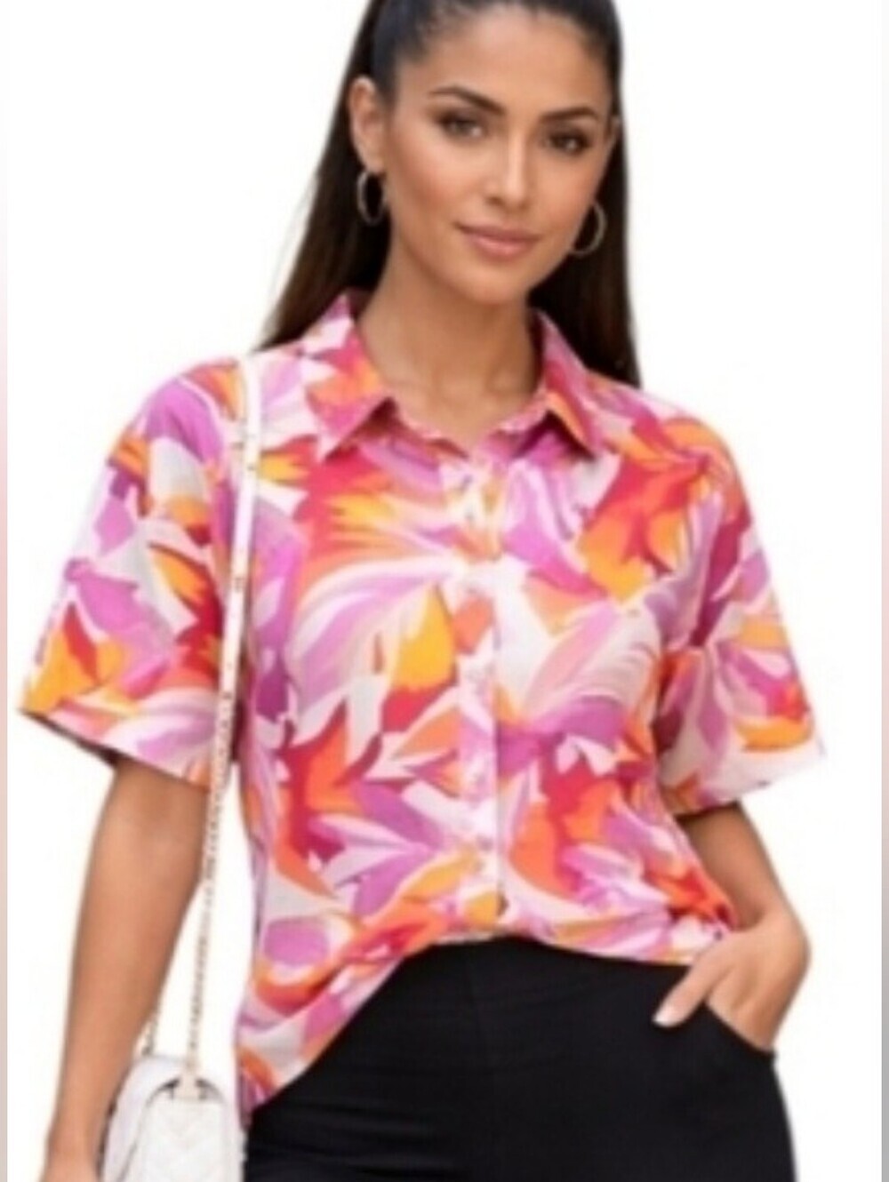 Kensie Pink and Orange Button Down Shirt with Geometric Print. Size M.